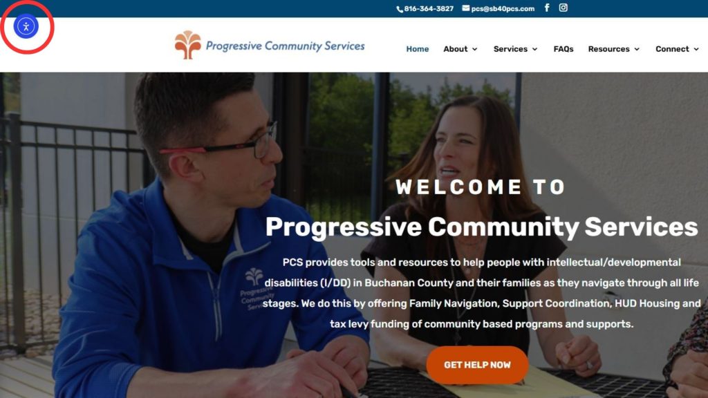 PCS website screenshot with Ally Icon circled in red in top left