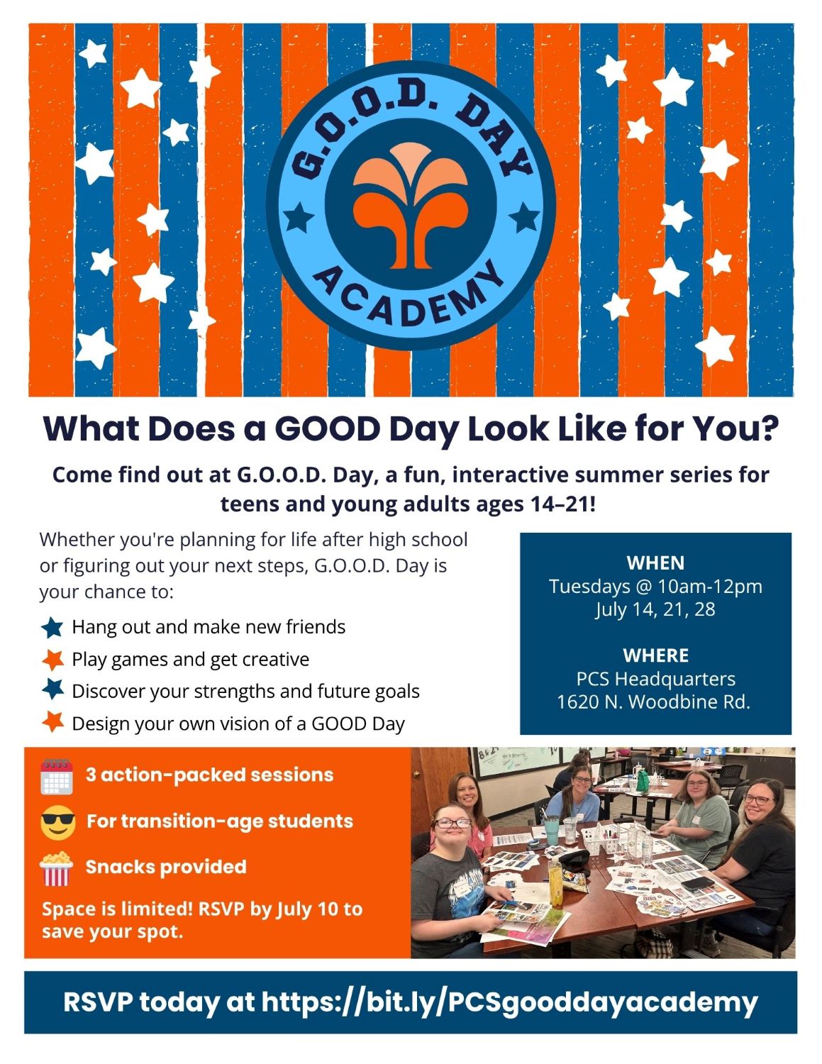g.O.O.D. Day Academy flyer - at top Orange, white and blue striped banner with a blue circle in the center with text "G.O.O.D. DAY ACADEMY" around a darker blue circle containing an orange tree; below are details about the series and a photo of past participants.