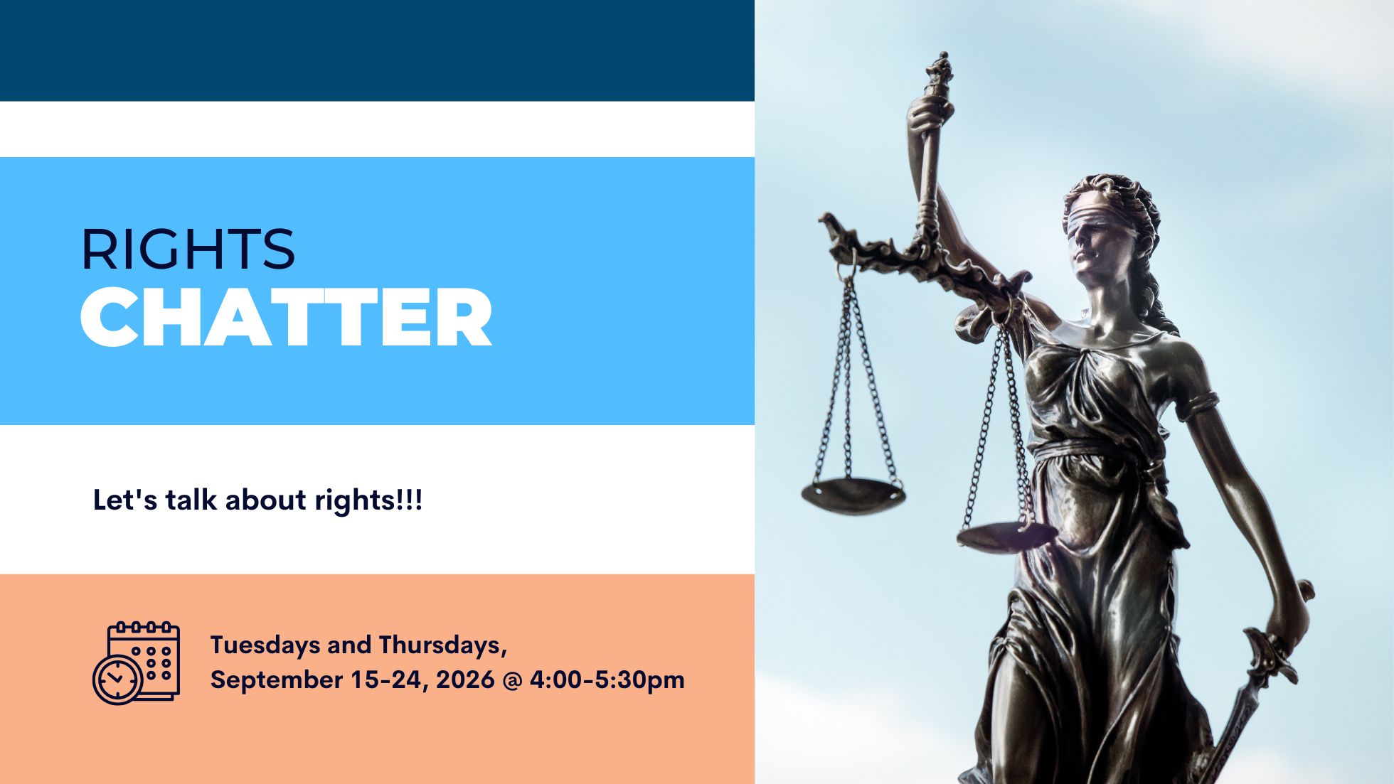 Text details about Rights Chatter on left and a photo of a statue holding a justice scale on the right